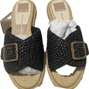 Dolce Vita Black and Tan Woven Sandals with Square Buckle